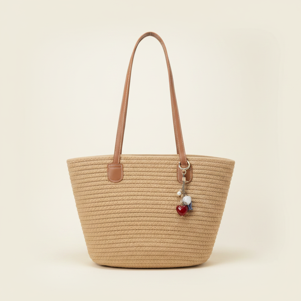 Deep Beige Tote + Bag Charm — fondo ivory
