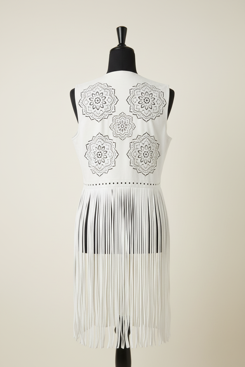 Chaleco blanco flecos - maniquí - trasera fondo ivory