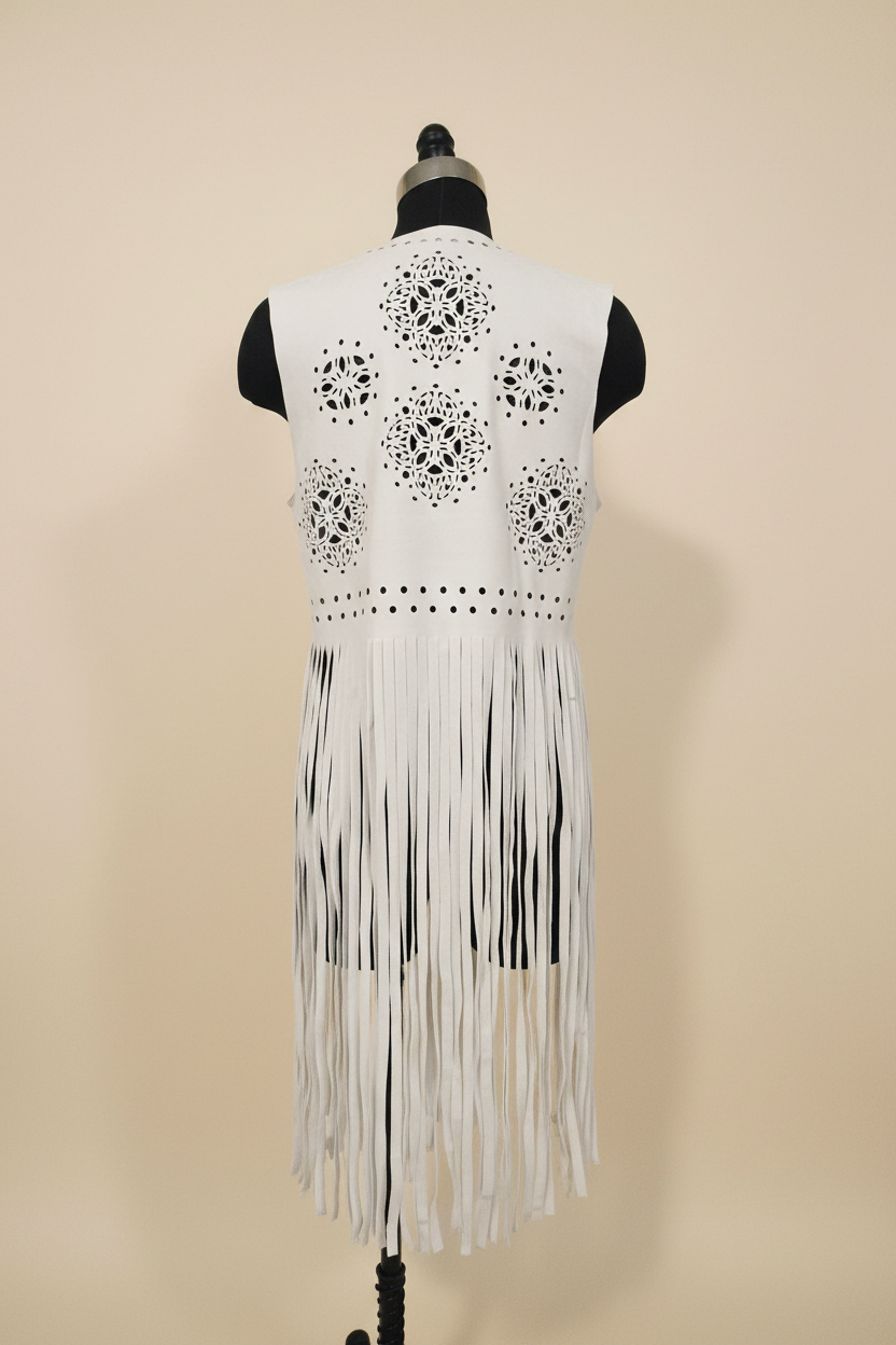 Chaleco blanco flecos - maniquí trasero - fondo ivory