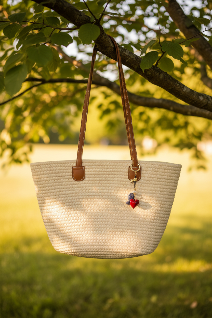 Deep Beige Tote + Bag Charm — colgando de árbol