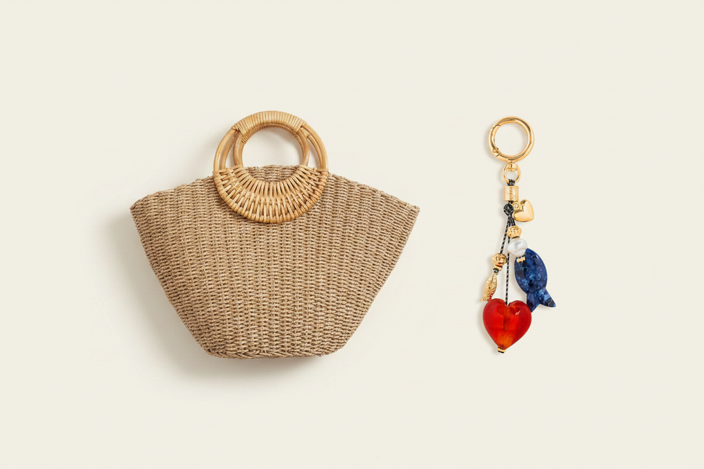 Flat lay - Camel Tote con Charm