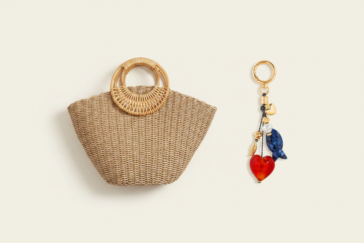 Flat lay - Camel Tote con Charm