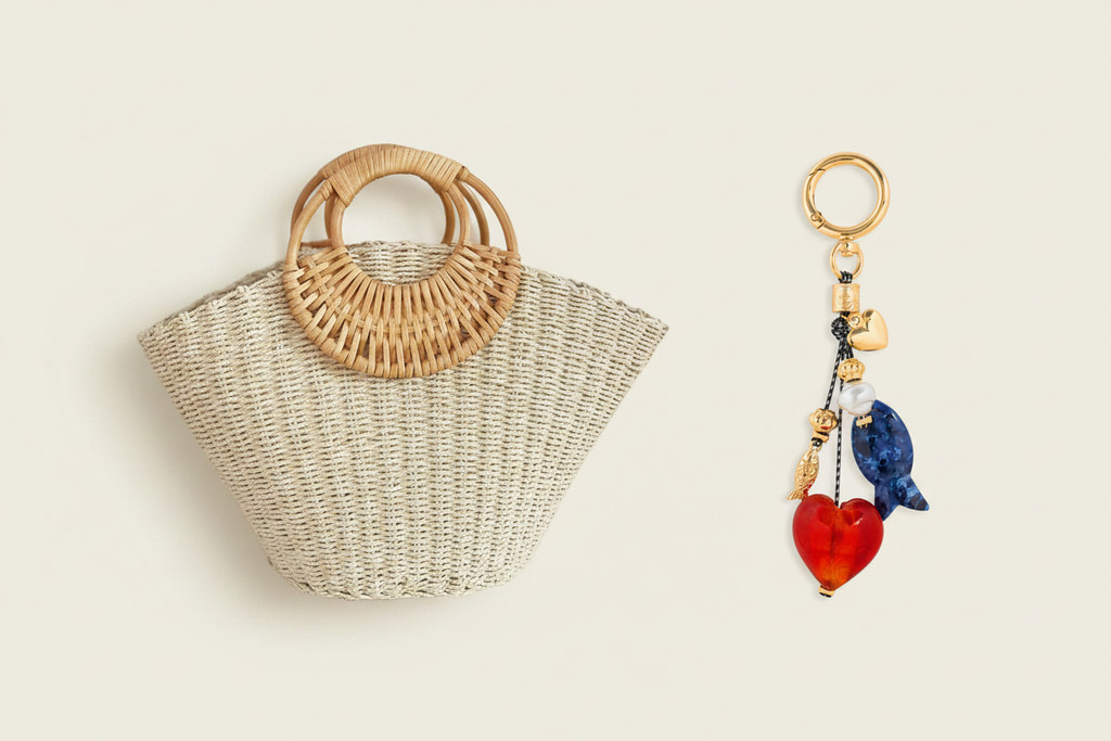 Flat lay - Rattan Tote + Charm