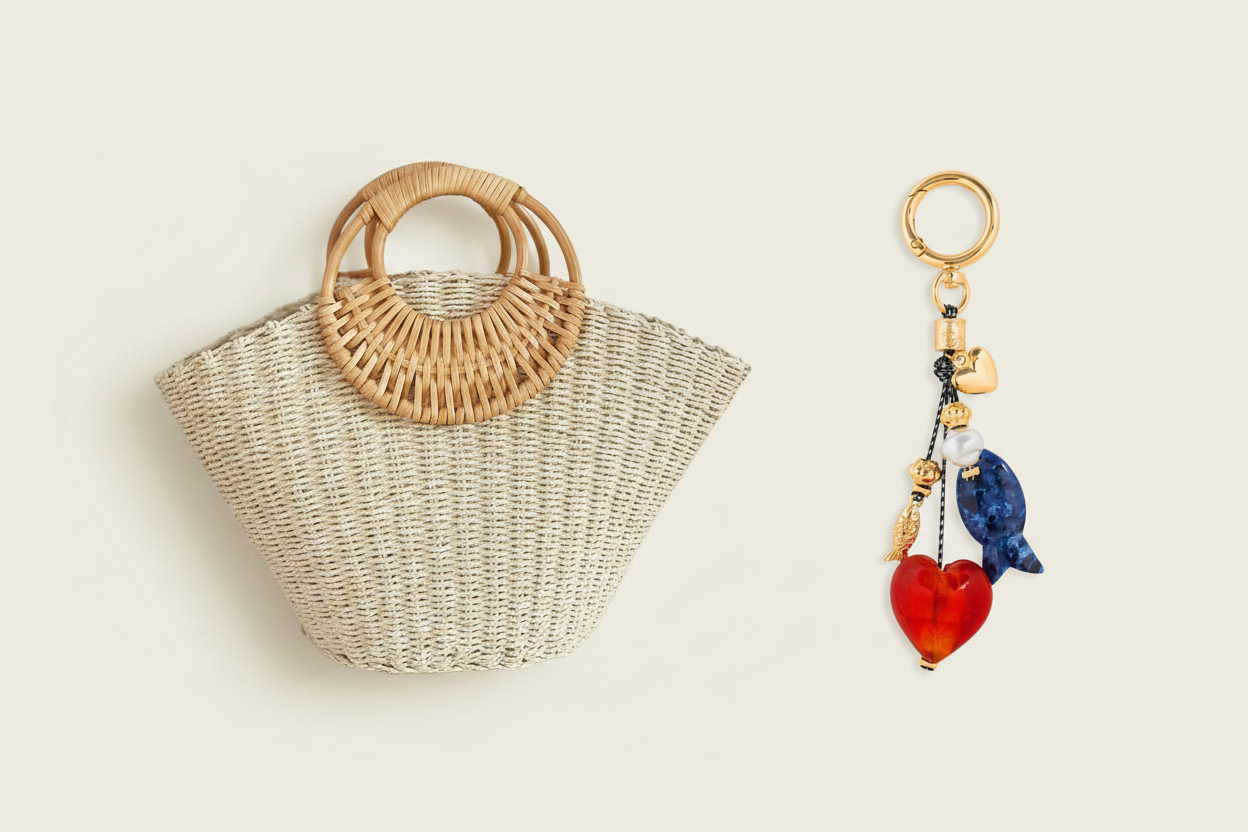 Flat lay - Rattan Tote + Charm