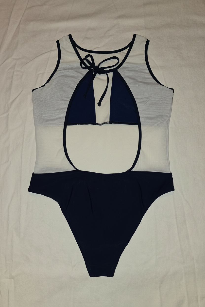 Flat lay trasero - traje azul marino malla blanca - fondo ivory