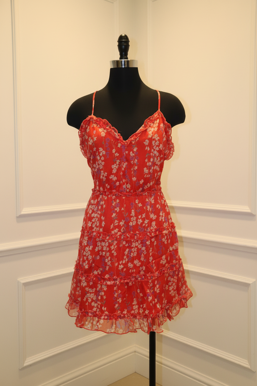 Vestido rojo floral - maniquí frontal - interior elegante