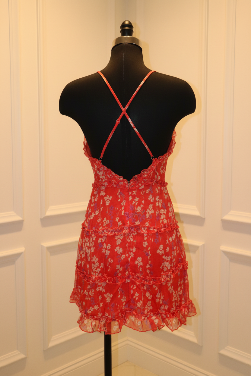 Vestido rojo floral - maniquí trasero - interior elegante